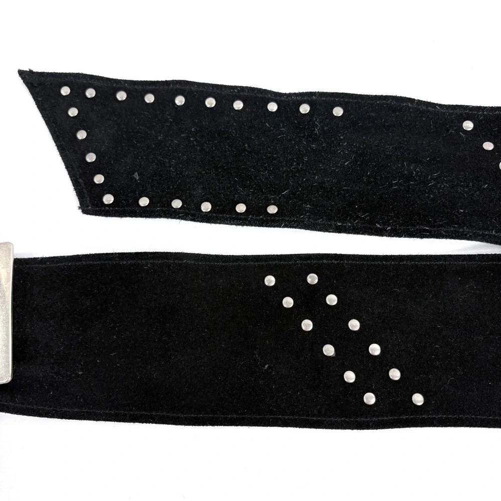 Suede‎ Wide Waist Belt Black Silver Studded Rectangular Buckle Boho Glam Y2K